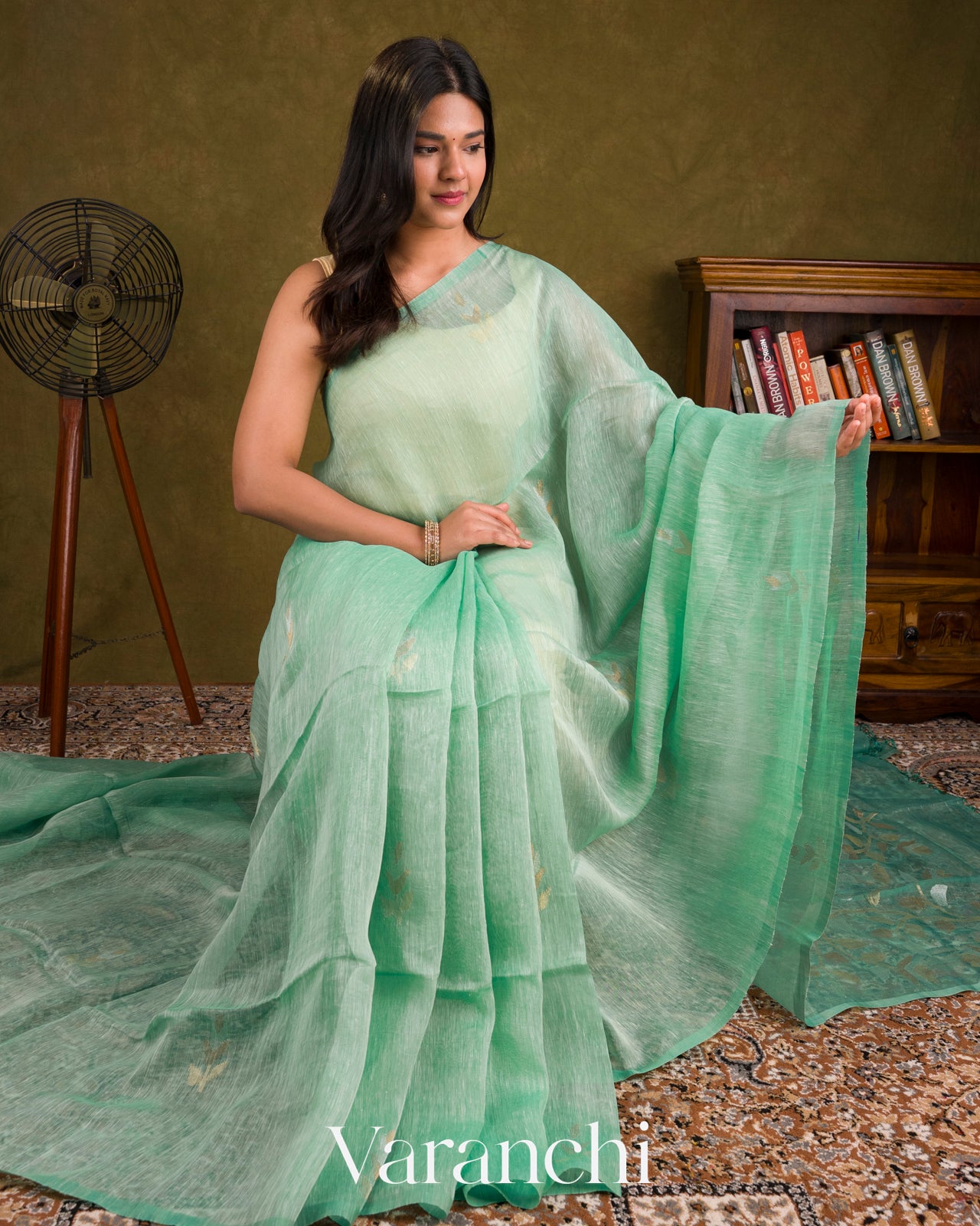 Aqua Green Jamdani Pure Silk Linen Handloom Saree