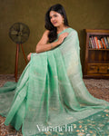 Aqua Green Jamdani Pure Silk Linen Handloom Saree