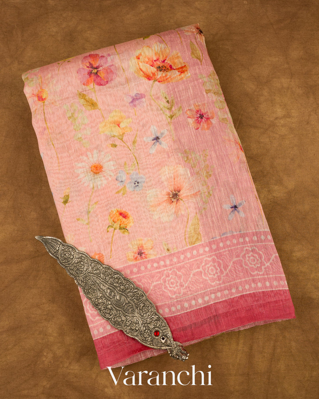 Baby Pink Printed Pure Silk Linen Saree