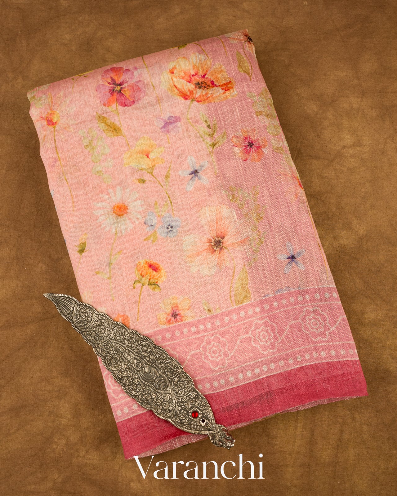 Baby Pink Printed Pure Silk Linen Saree