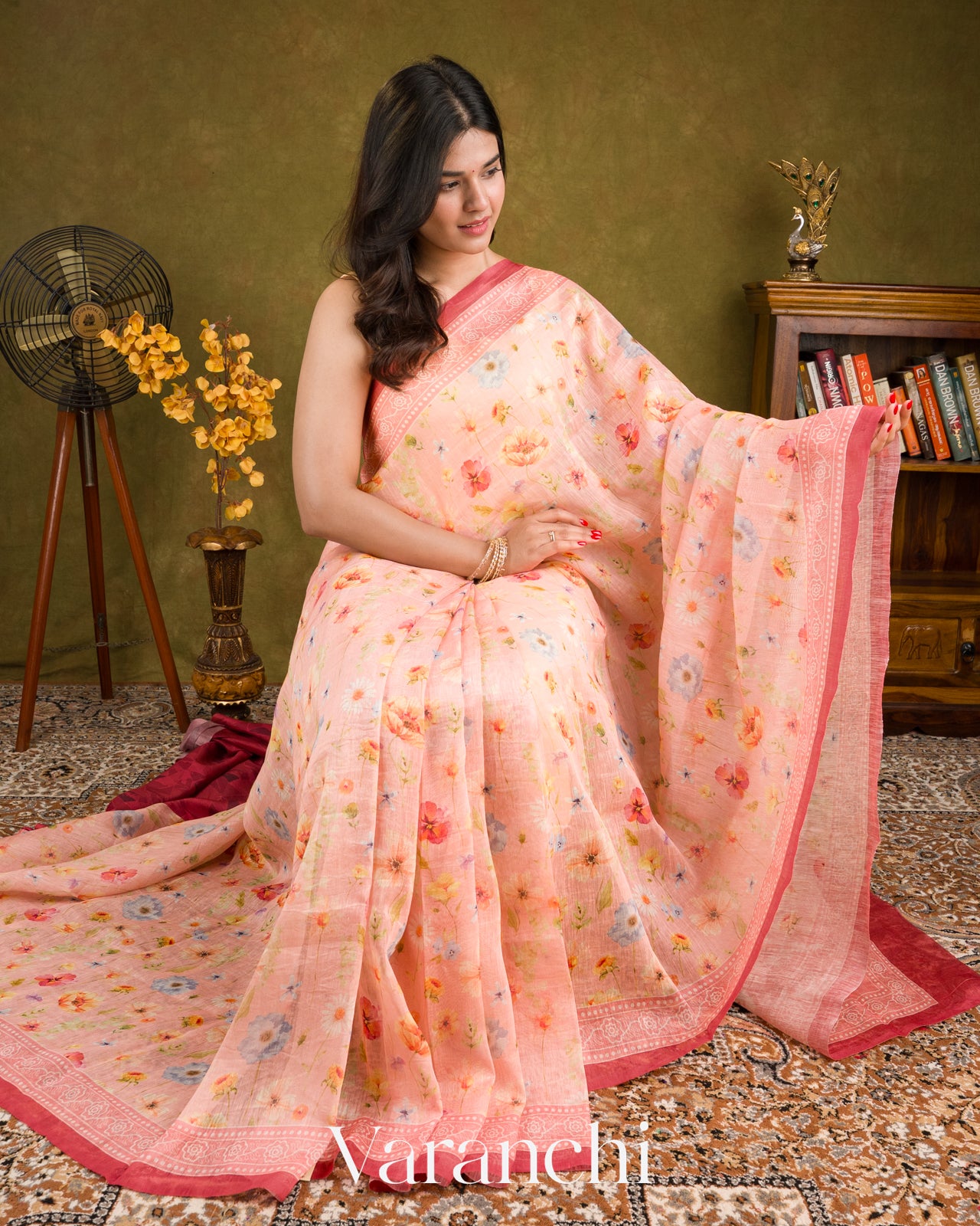 Baby Pink Printed Pure Silk Linen Saree