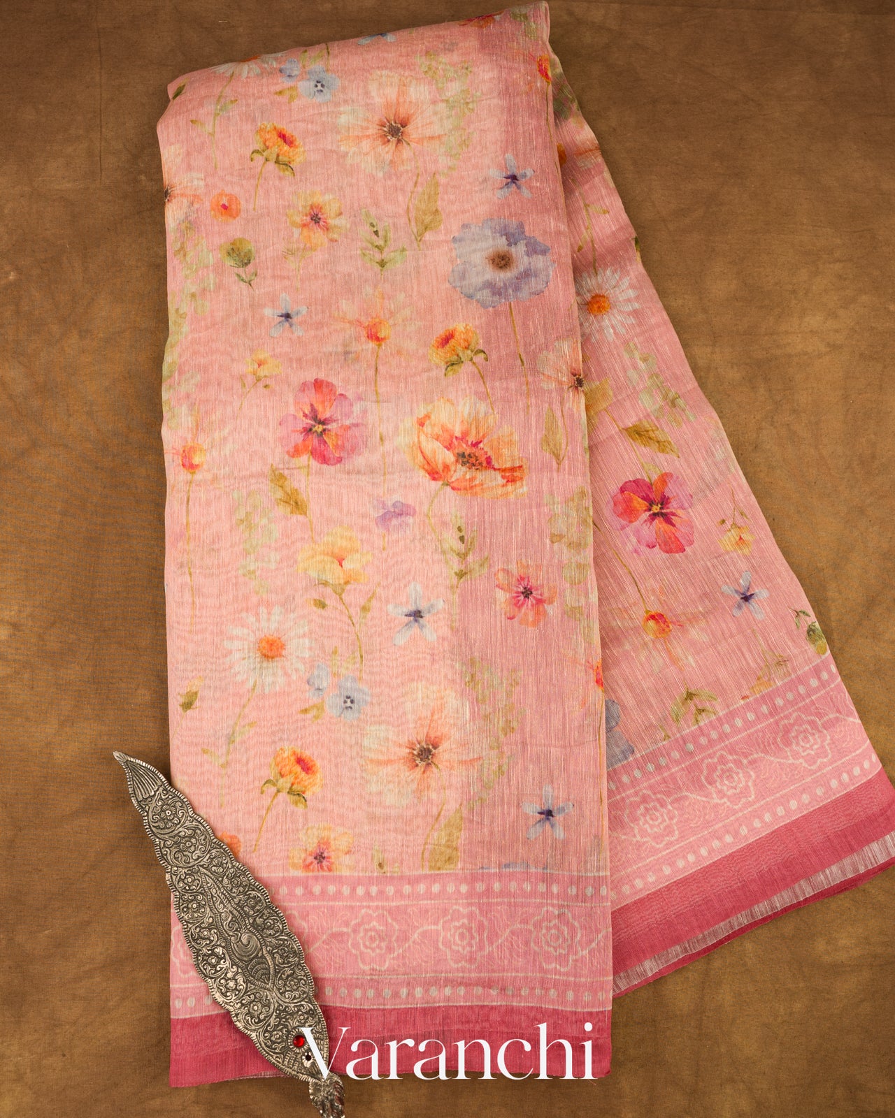 Baby Pink Printed Pure Silk Linen Saree