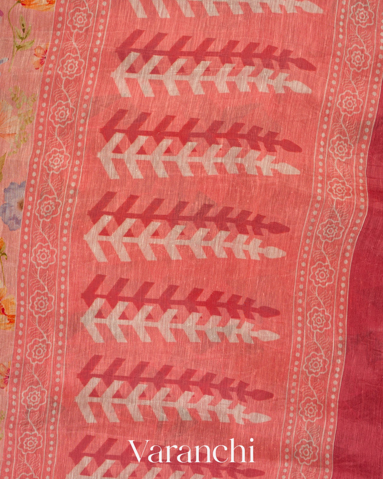 Baby Pink Printed Pure Silk Linen Saree