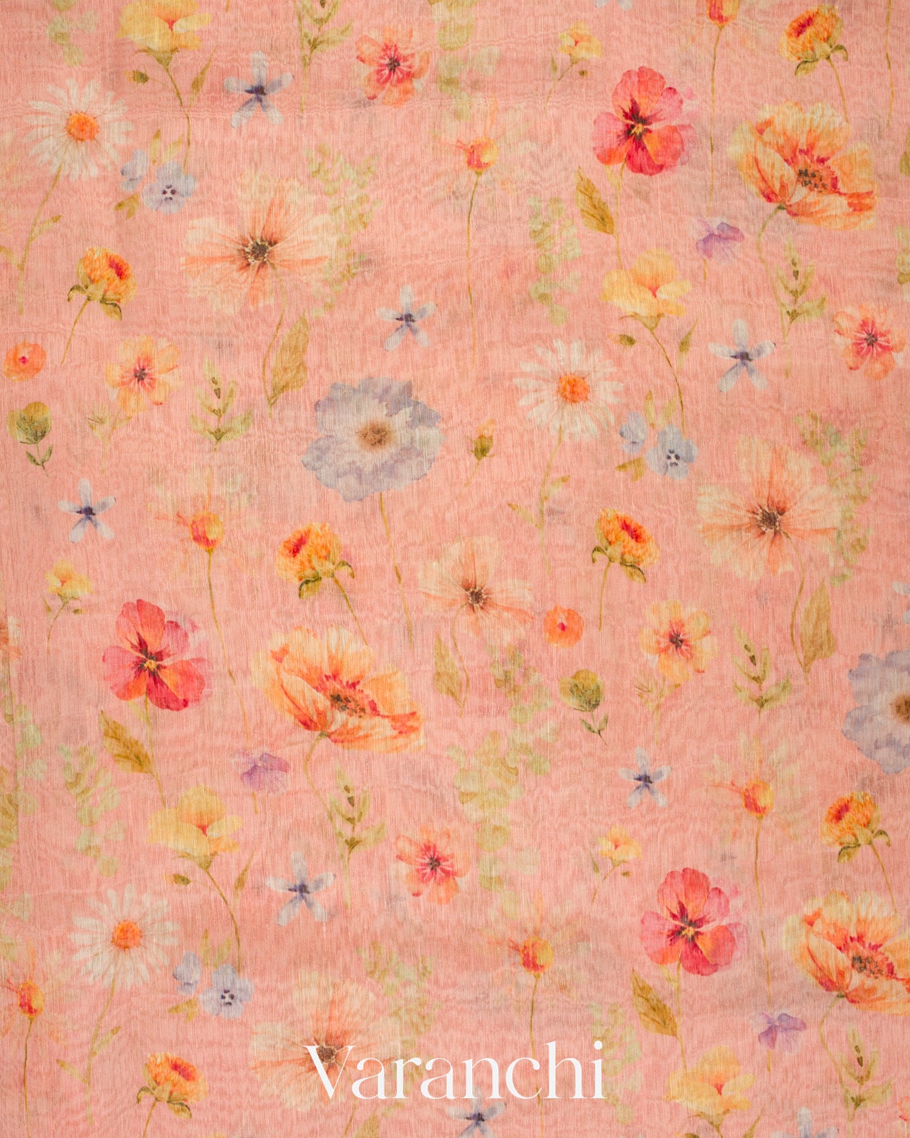 Baby Pink Printed Pure Silk Linen Saree