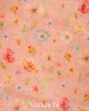 Baby Pink Printed Pure Silk Linen Saree