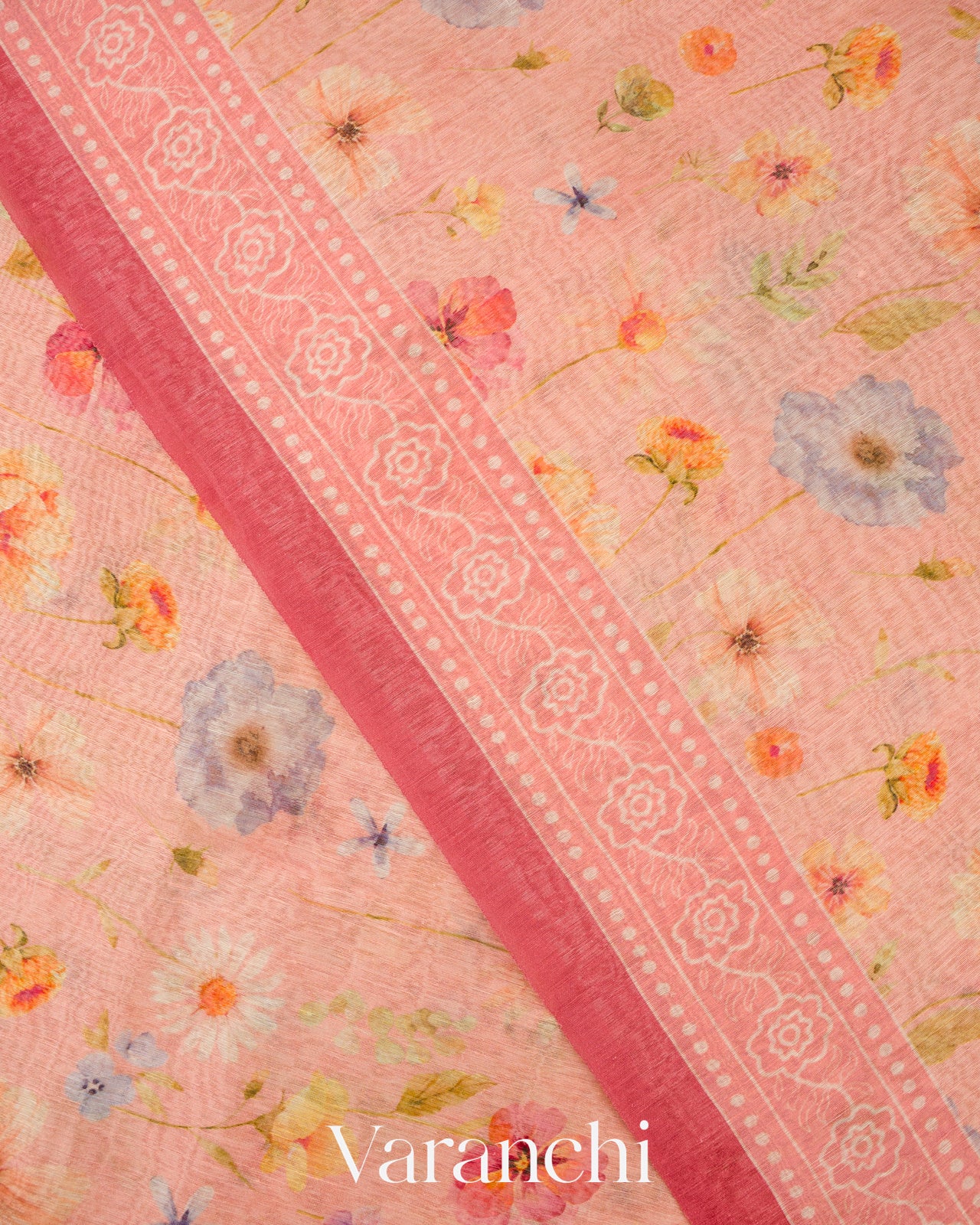 Baby Pink Printed Pure Silk Linen Saree