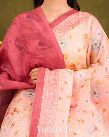 Baby Pink Printed Pure Silk Linen Saree