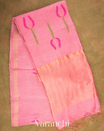 Rose Pink Jamdani Pure Silk Linen Handloom Saree