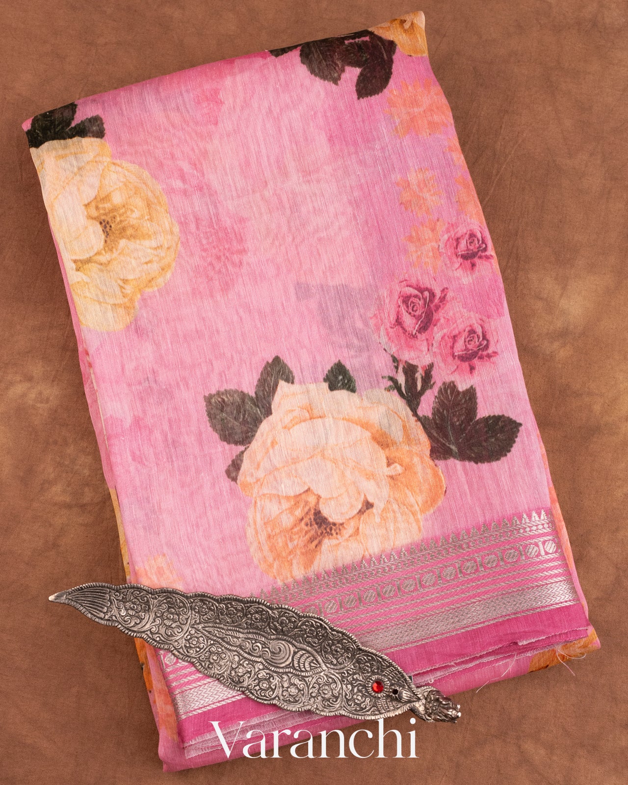 Baby Pink Printed Pure Silk Linen Saree