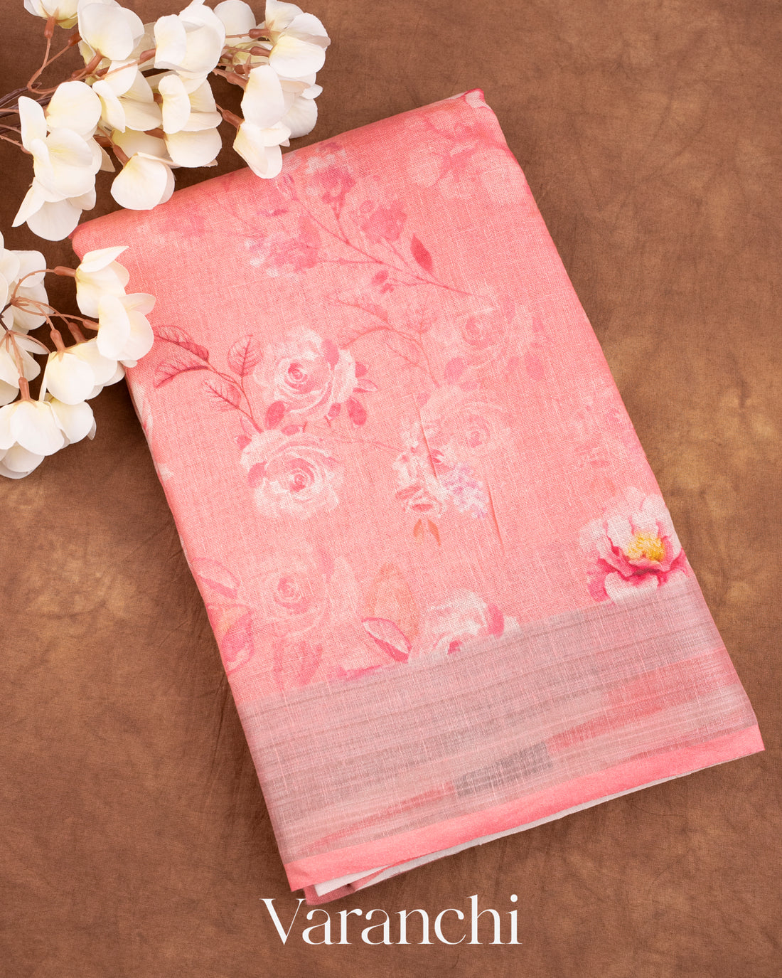 Baby Pink Printed Pure Silk Linen Saree