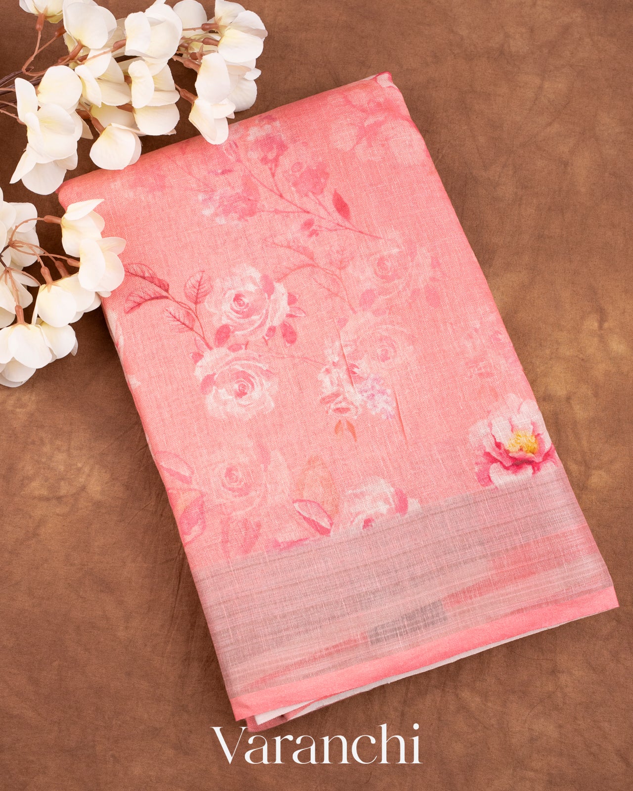 Baby Pink Printed Pure Silk Linen Saree