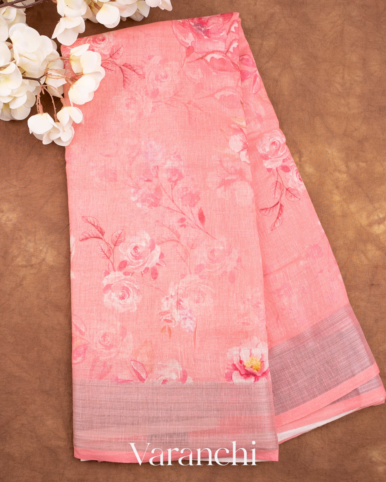 Baby Pink Printed Pure Silk Linen Saree
