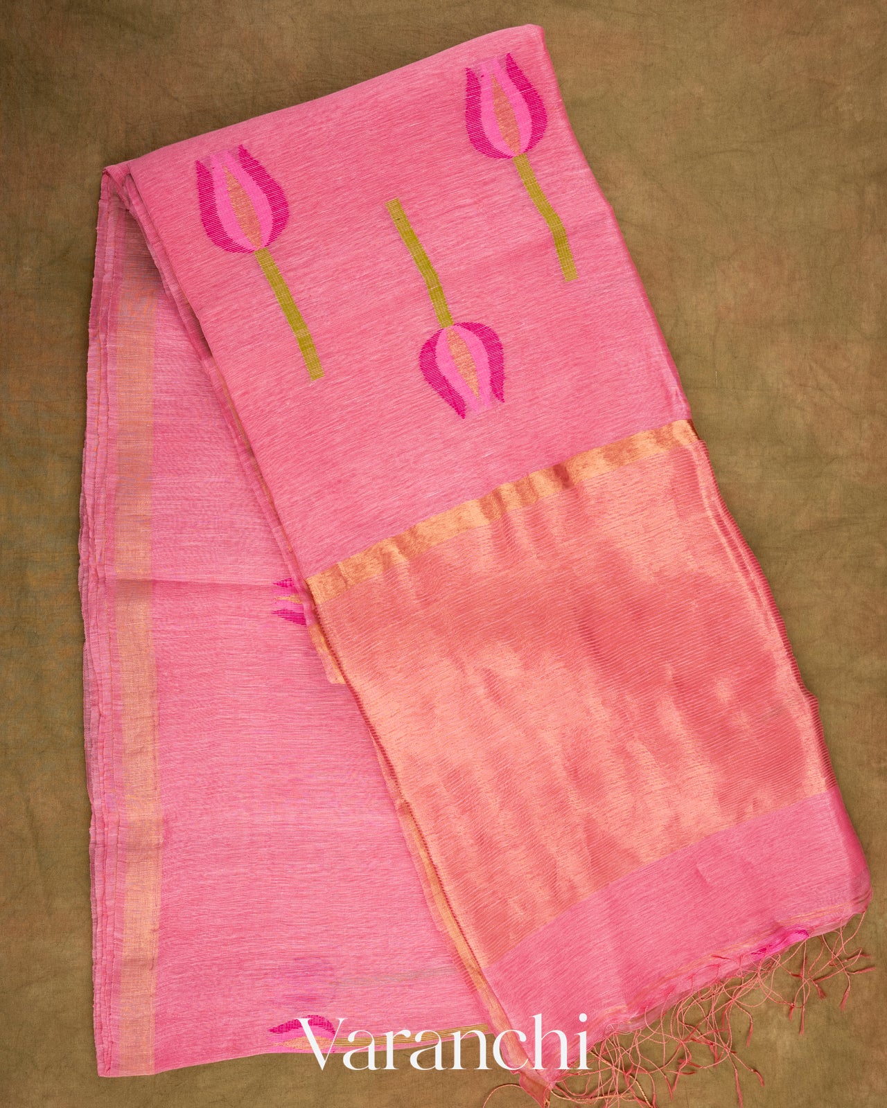 Rose Pink Jamdani Pure Silk Linen Handloom Saree