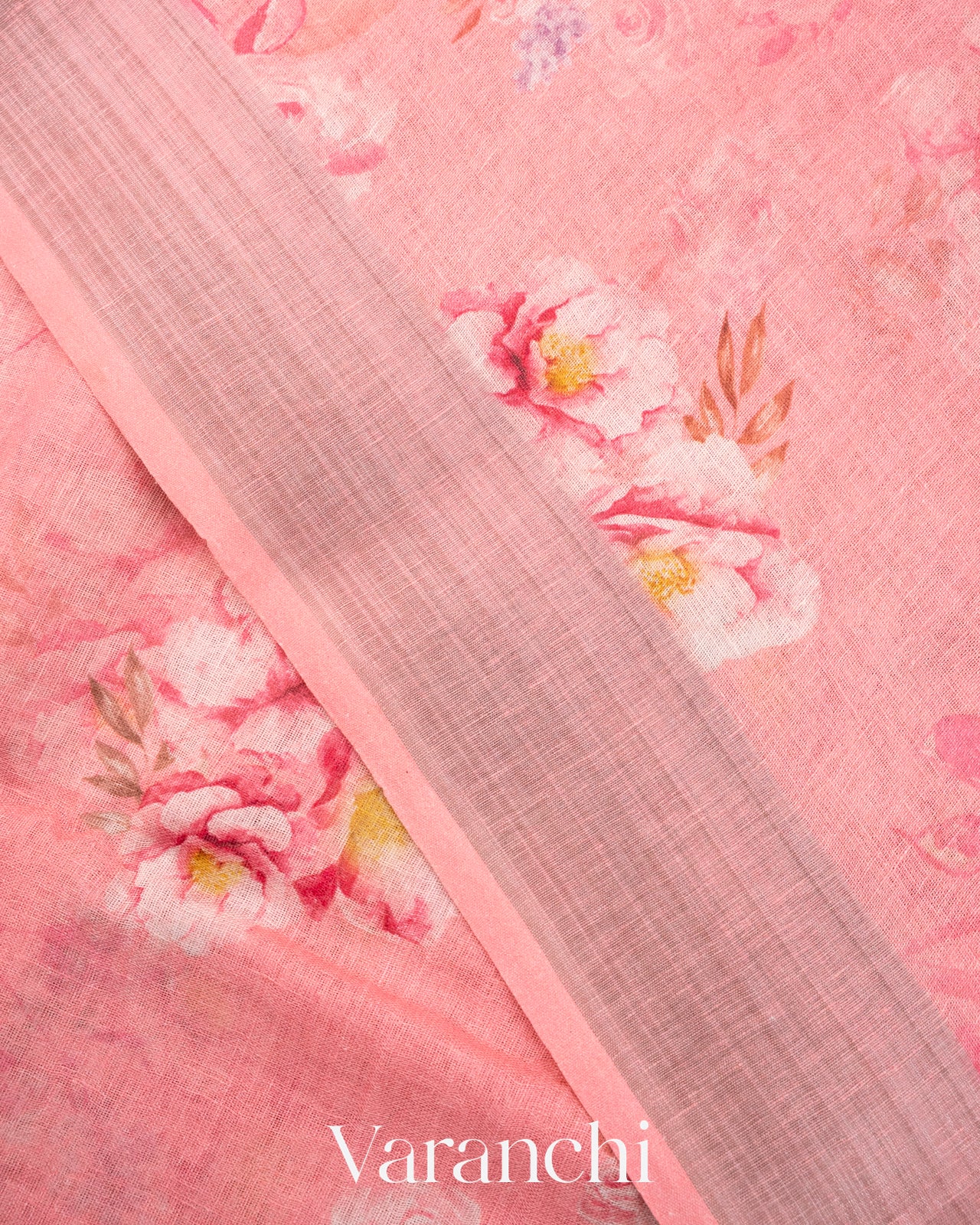 Baby Pink Printed Pure Silk Linen Saree