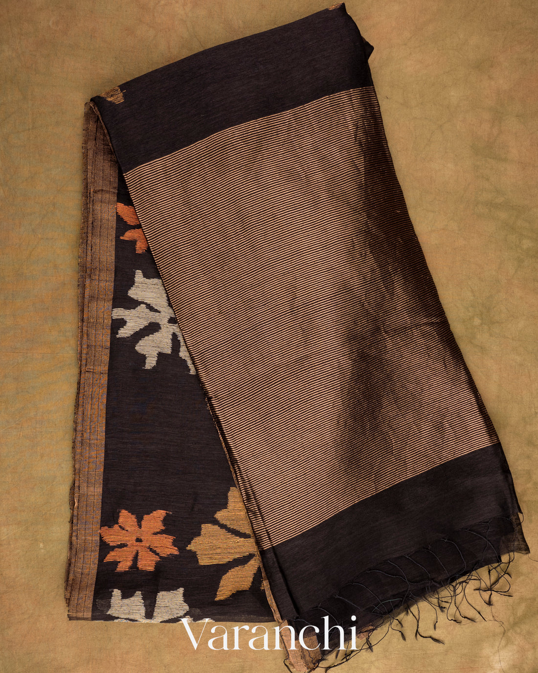 Black Jamdani Pure Silk Linen Handloom Saree