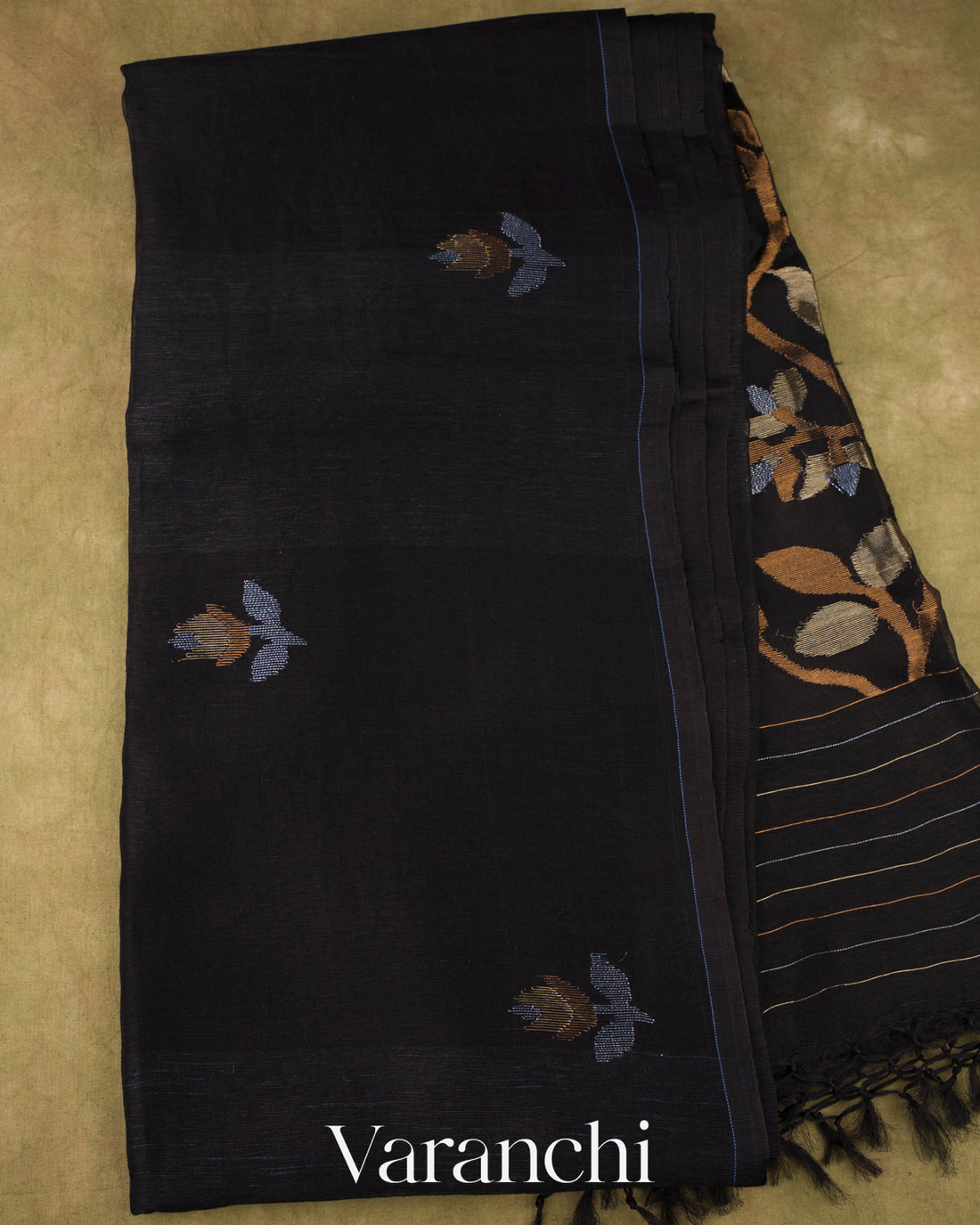 Deep Black Jamdani Pure Silk Linen Handloom Saree