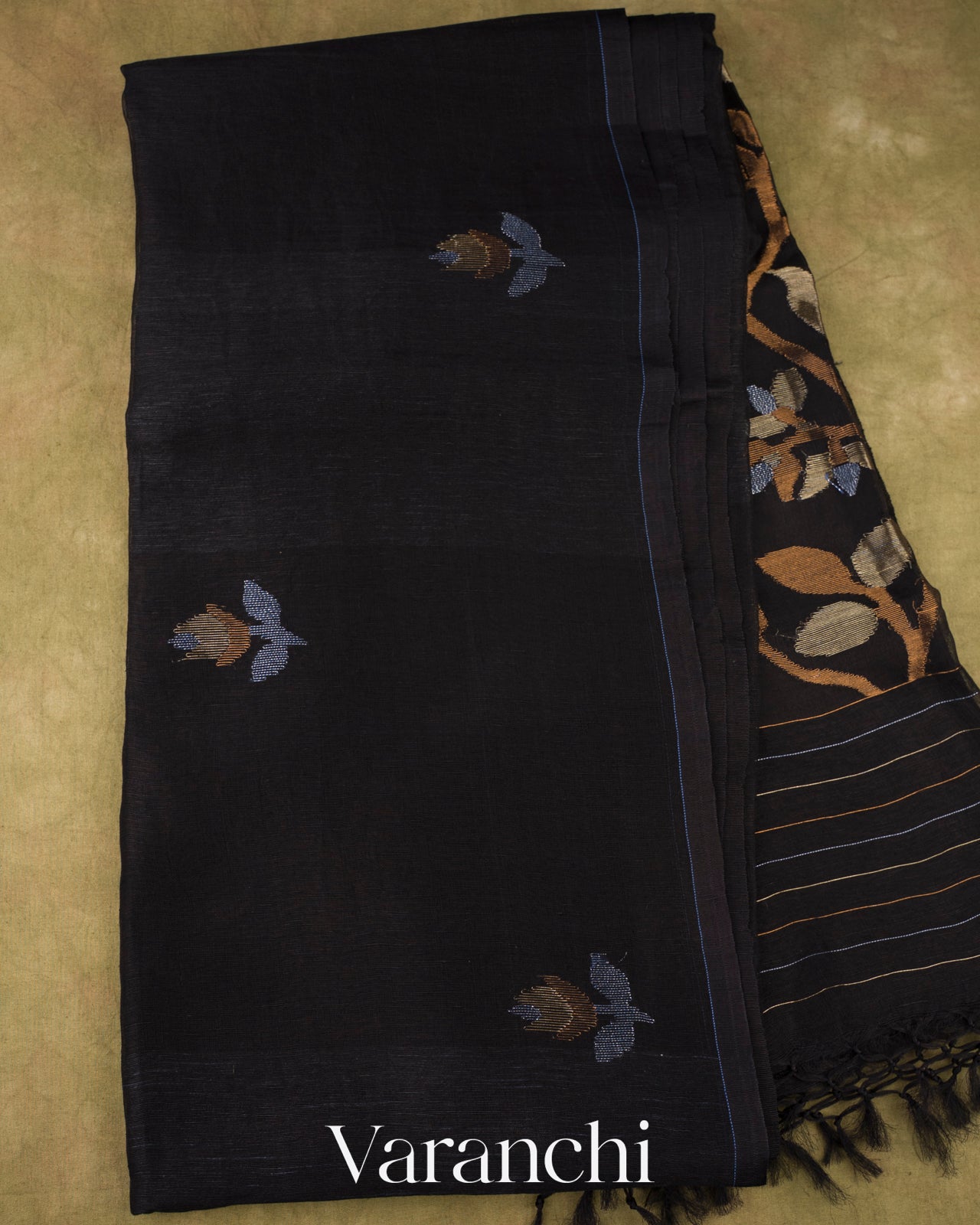 Deep Black Jamdani Pure Silk Linen Handloom Saree