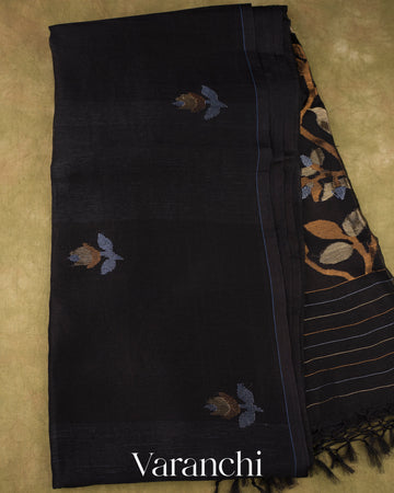 Deep Black Jamdani Pure Silk Linen Handloom Saree