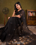 Deep Black Jamdani Pure Silk Linen Handloom Saree