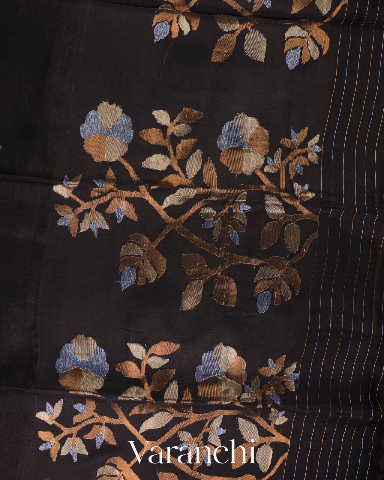 Deep Black Jamdani Pure Silk Linen Handloom Saree