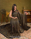 Charcoal Olive Black Jamdani Pure Silk Linen Handloom Saree 