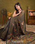 Charcoal Olive Black Jamdani Pure Silk Linen Handloom Saree 