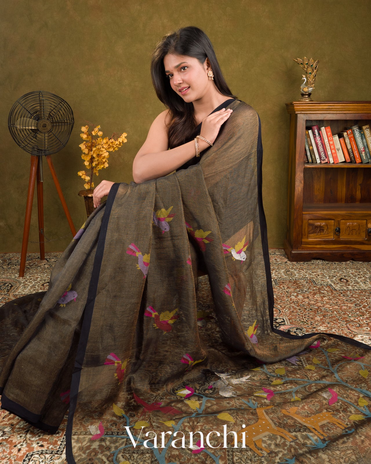 Charcoal Olive Black Jamdani Pure Silk Linen Handloom Saree 