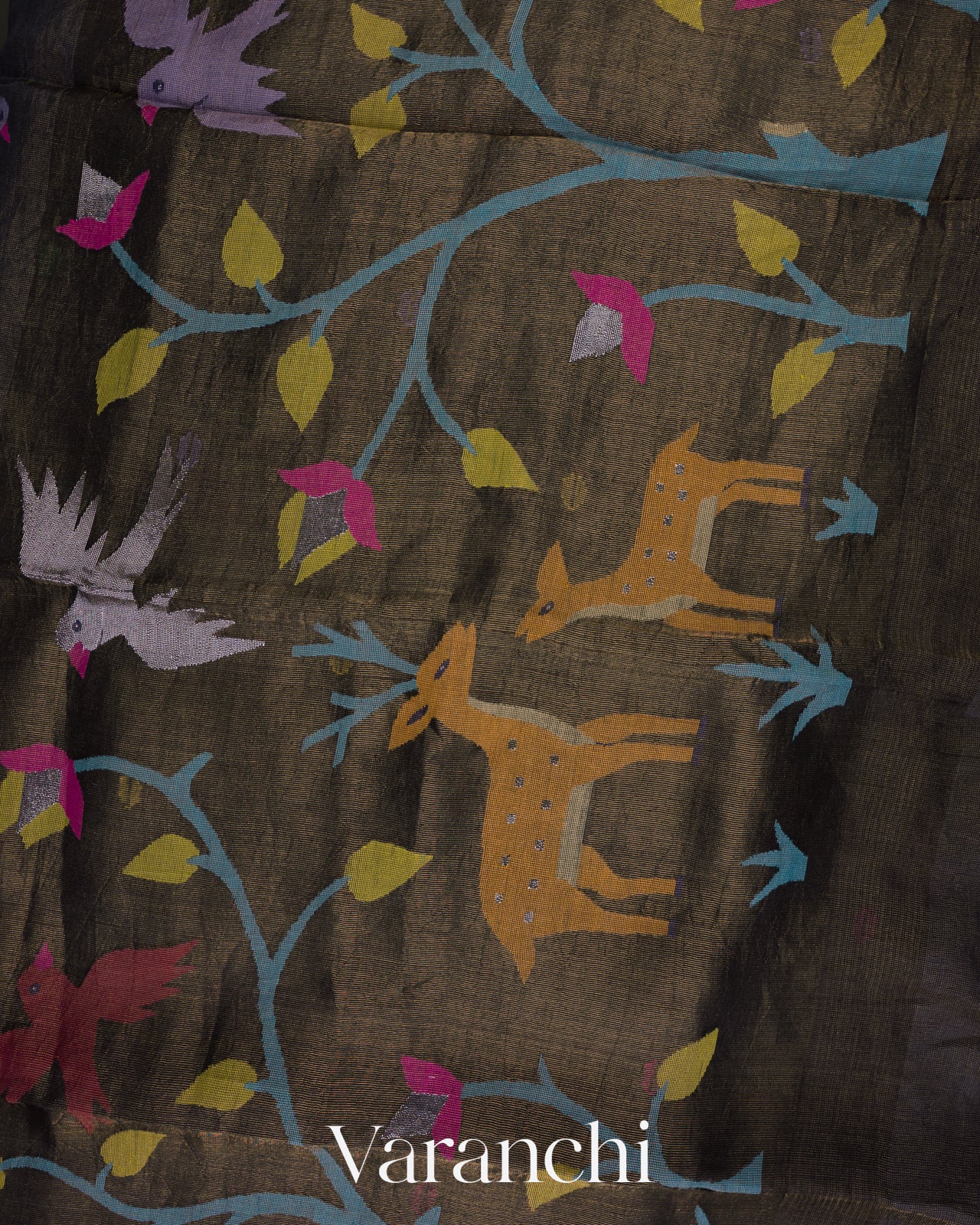 Charcoal Olive Black Jamdani Pure Silk Linen Handloom Saree 