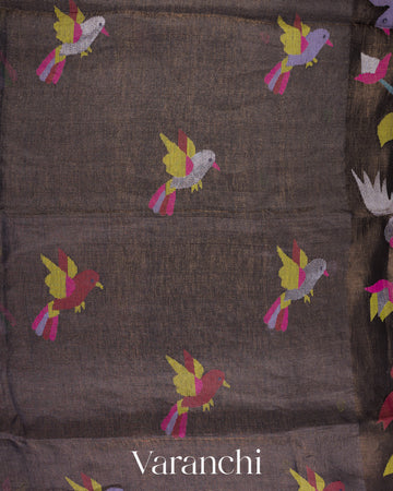 Charcoal Olive Black Jamdani Pure Silk Linen Handloom Saree 