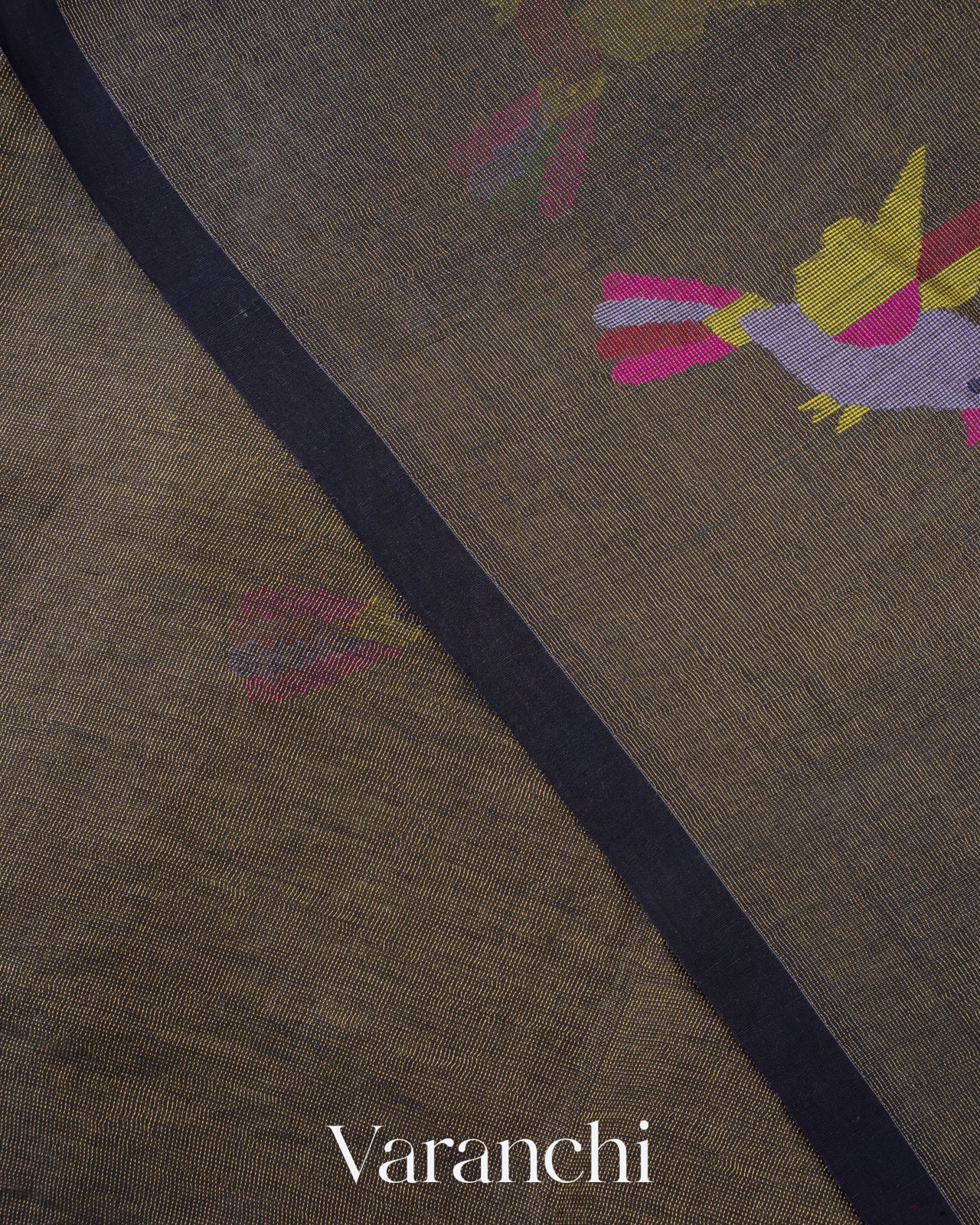 Charcoal Olive Black Jamdani Pure Silk Linen Handloom Saree 