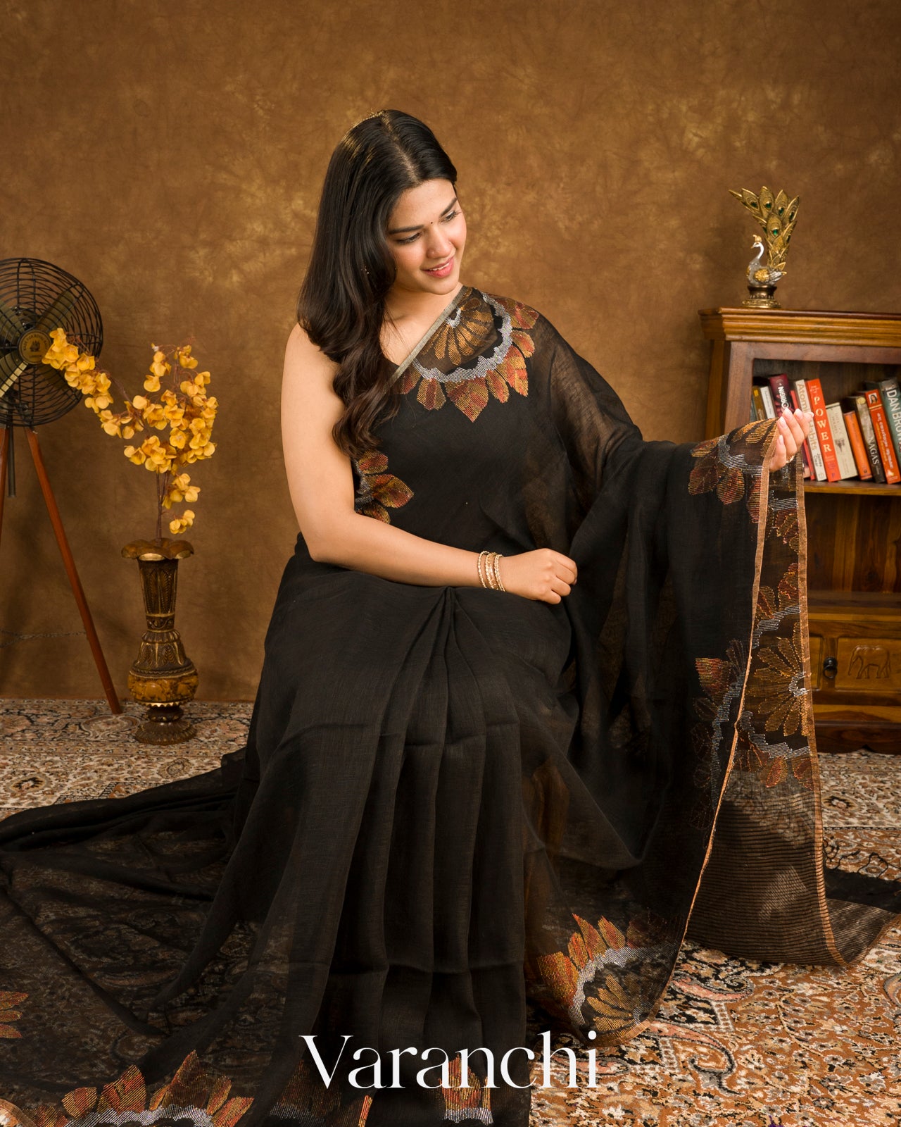 Charcoal Black Jamdani Pure Silk Linen Handloom Saree