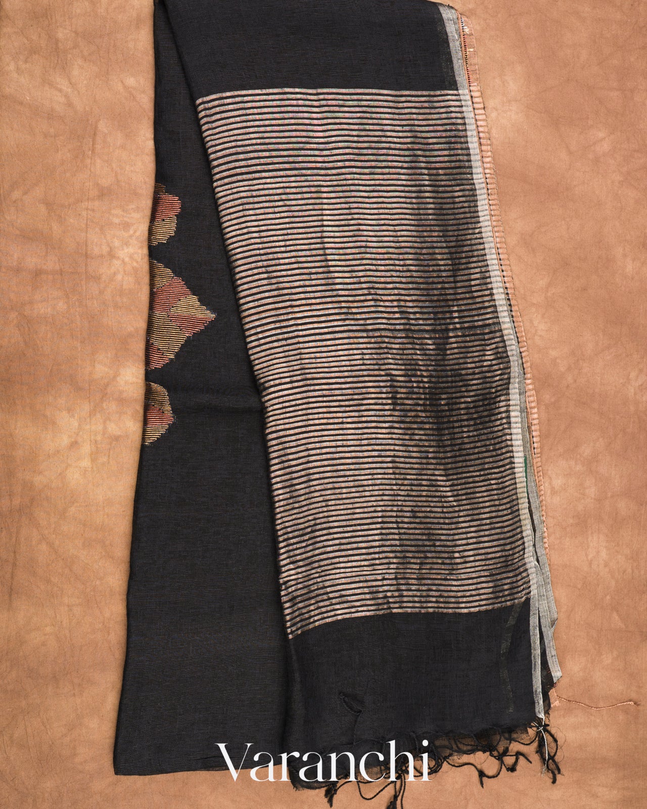 Charcoal Black Jamdani Pure Silk Linen Handloom Saree