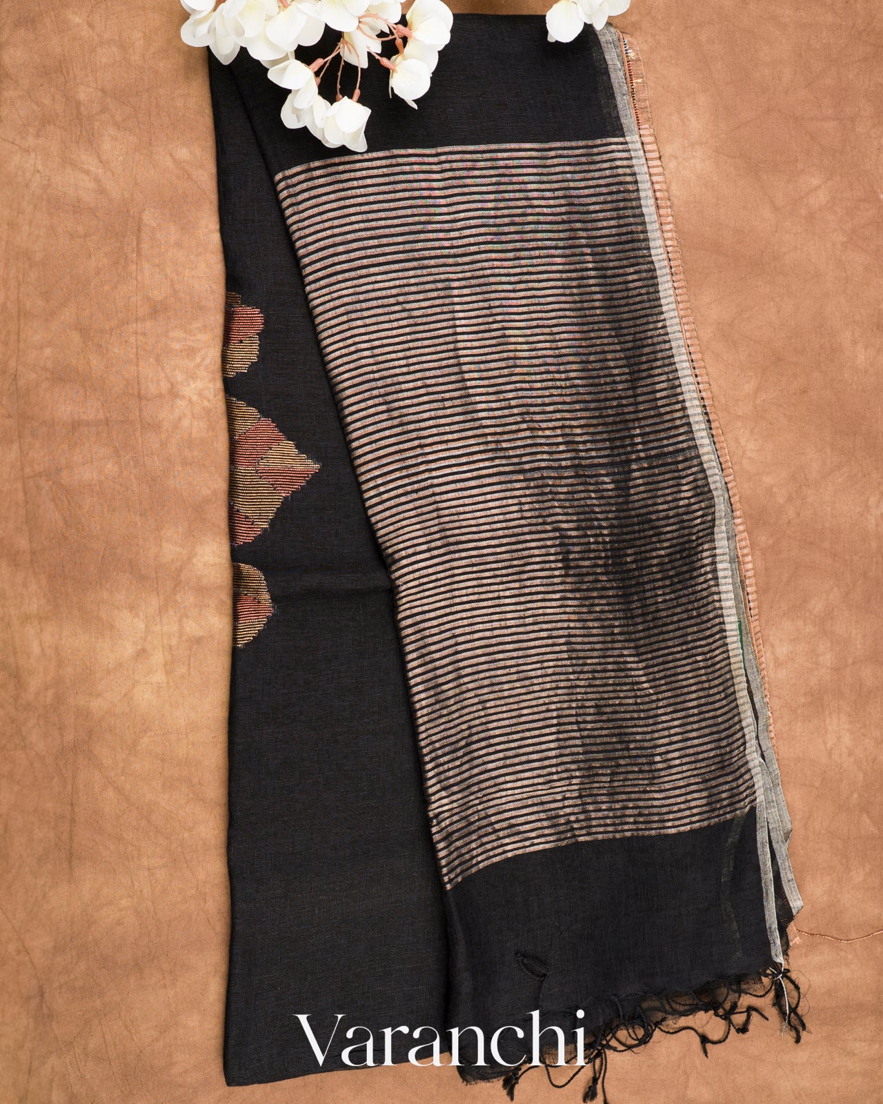 Charcoal Black Jamdani Pure Silk Linen Handloom Saree