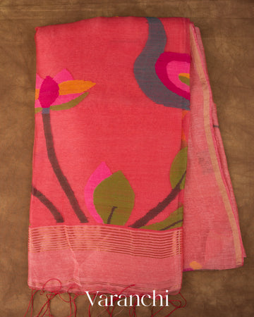 Blush Pink Jamdani Pure Silk Linen Handloom Saree 