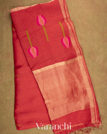 Brick Red Jamdani Pure Silk Linen Handloom Saree
