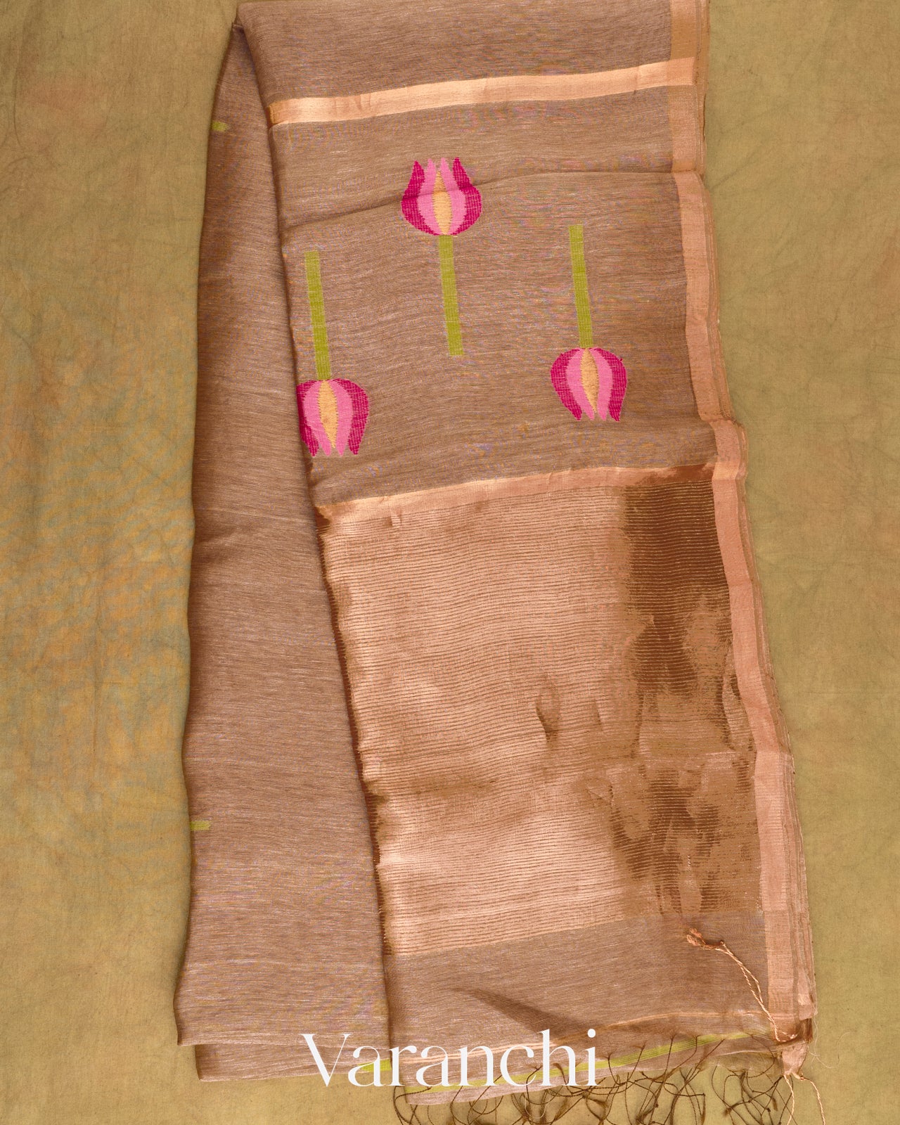 Chickoo Brown Jamdani Pure Silk Linen Handloom Saree