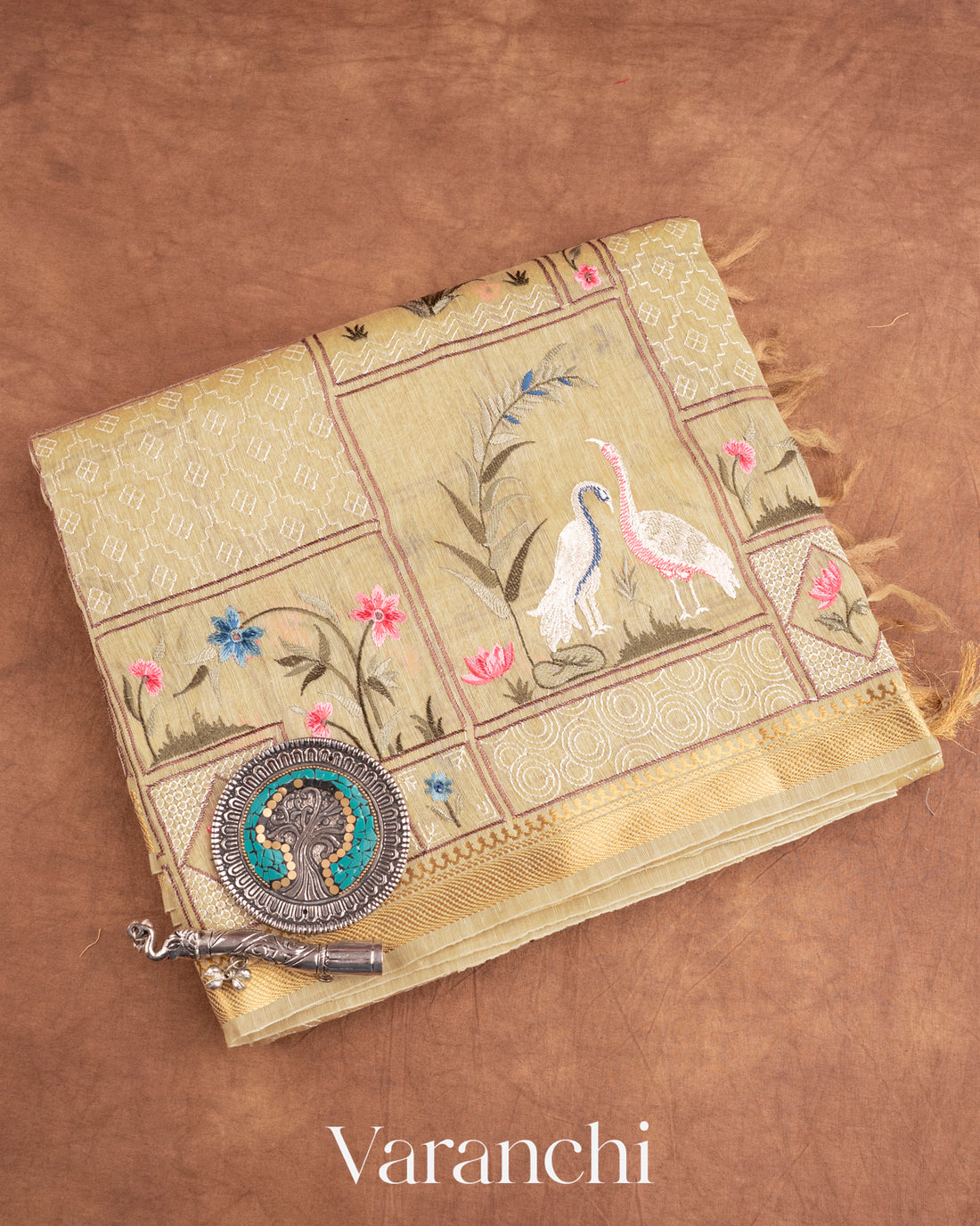 Ivory All-Over Embroidered Pure Silk Linen Saree