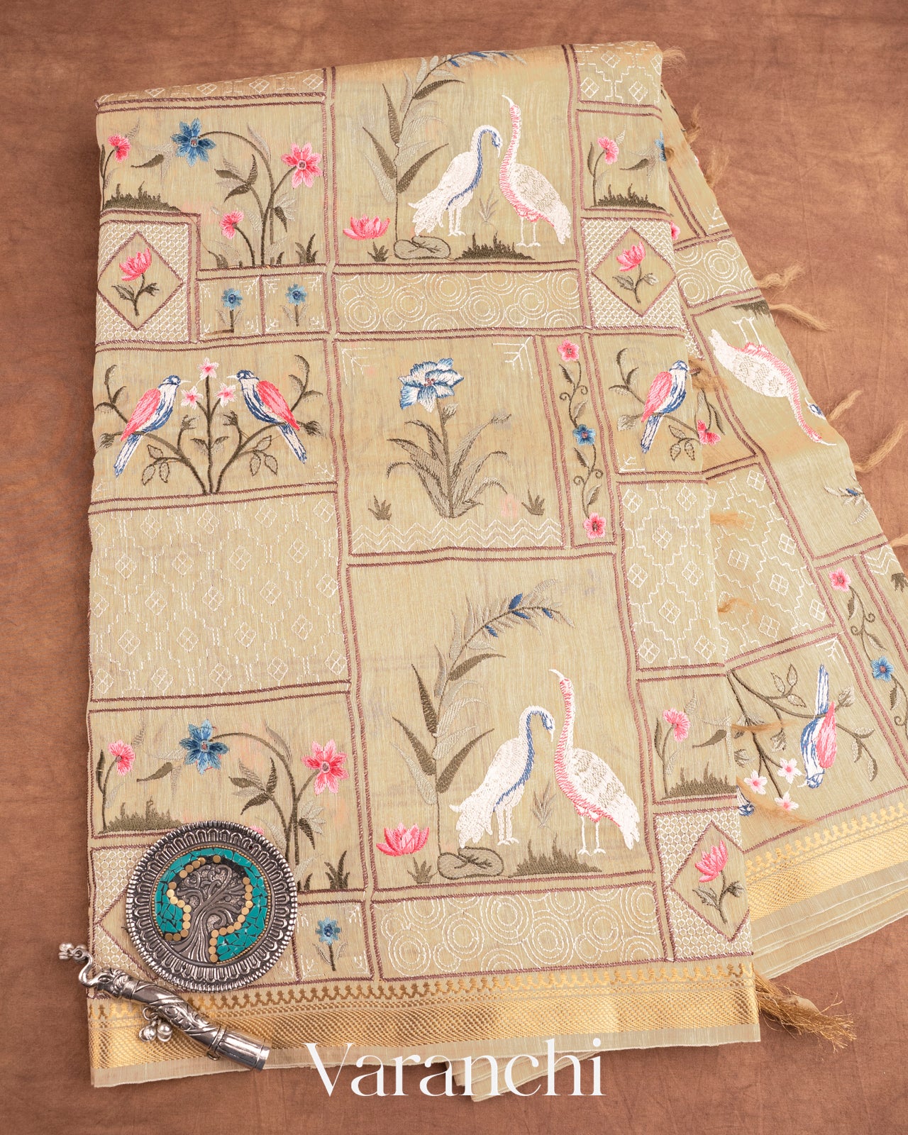 Ivory All-Over Embroidered Pure Silk Linen Saree