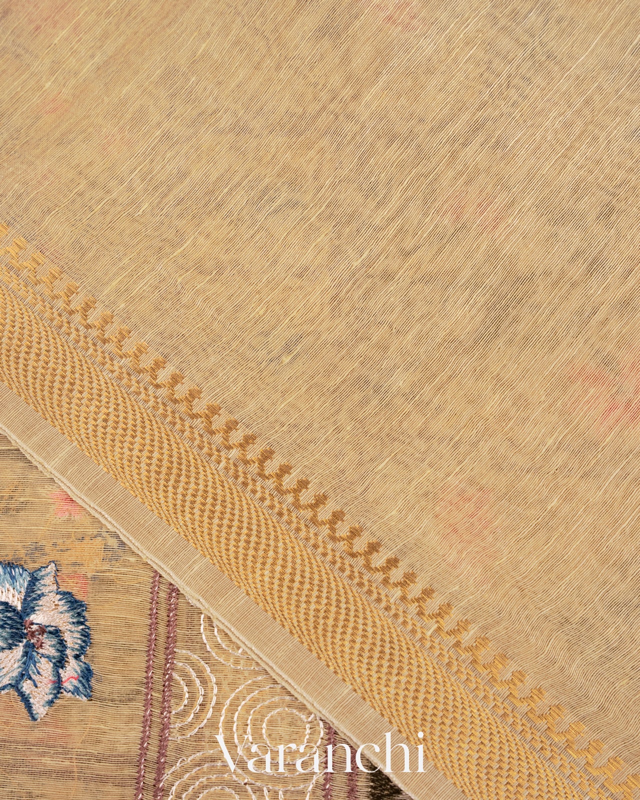 Ivory All-Over Embroidered Pure Silk Linen Saree