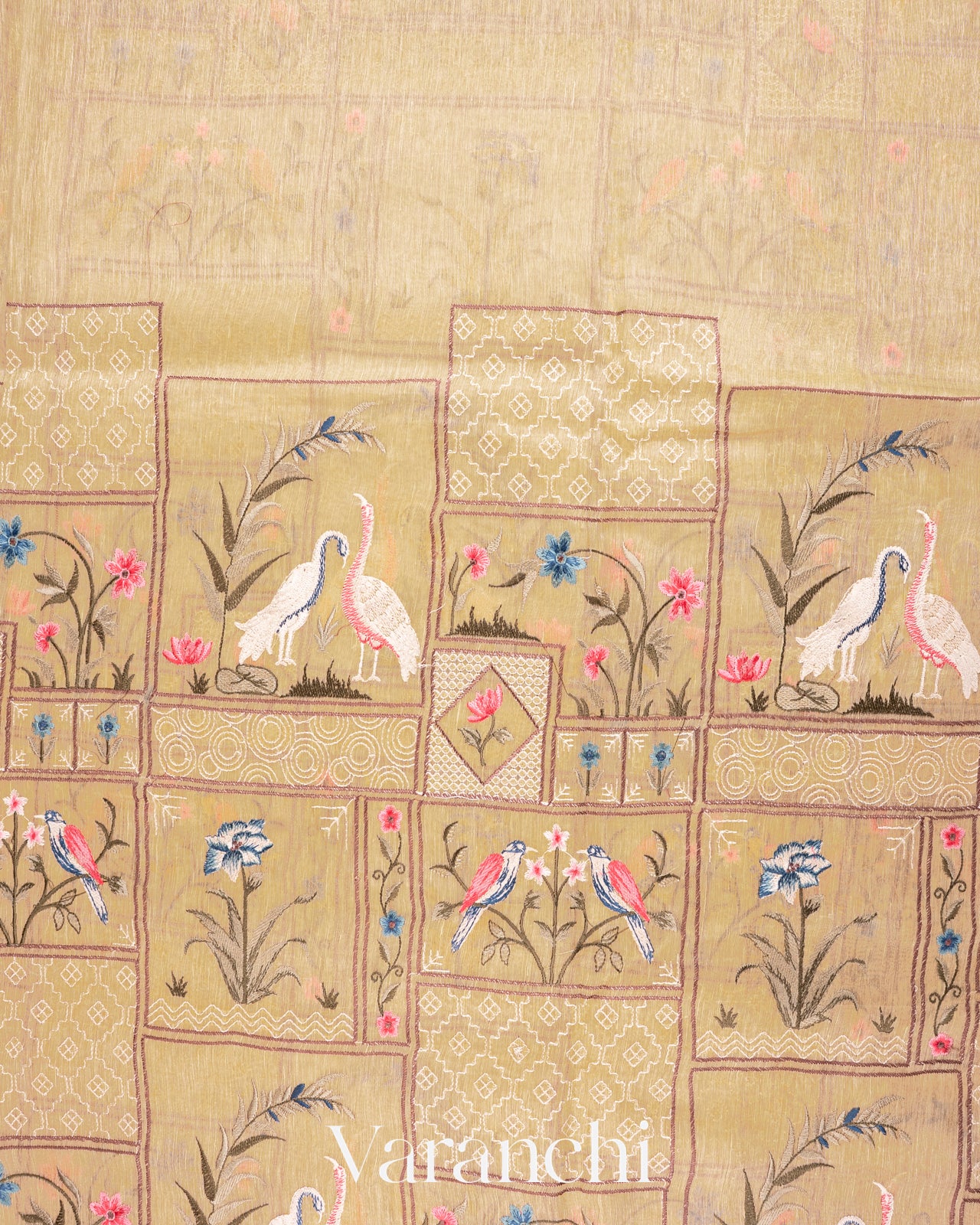 Ivory All-Over Embroidered Pure Silk Linen Saree