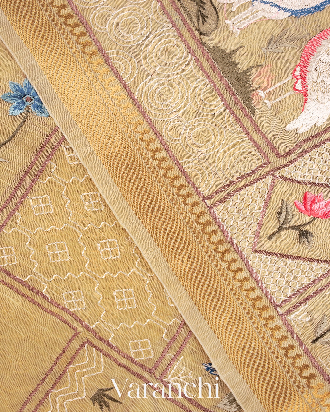 Ivory All-Over Embroidered Pure Silk Linen Saree