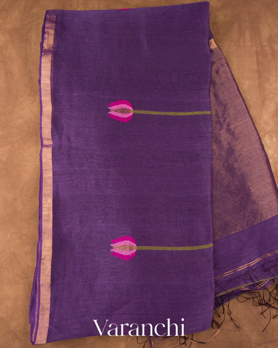 Plum Purple Jamdani Pure Silk Linen Handloom Saree
