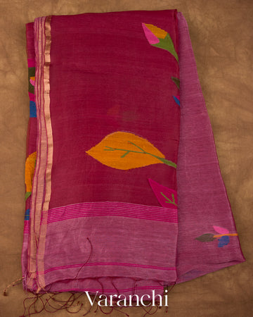 Deep Onion Pink Jamdani Pure Silk Linen Handloom Saree 