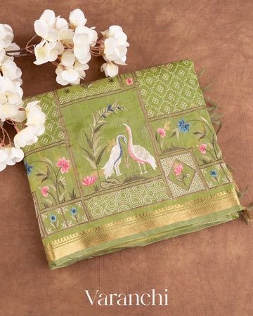 Elaichi Green All-Over Embroidered Pure Silk Linen Saree