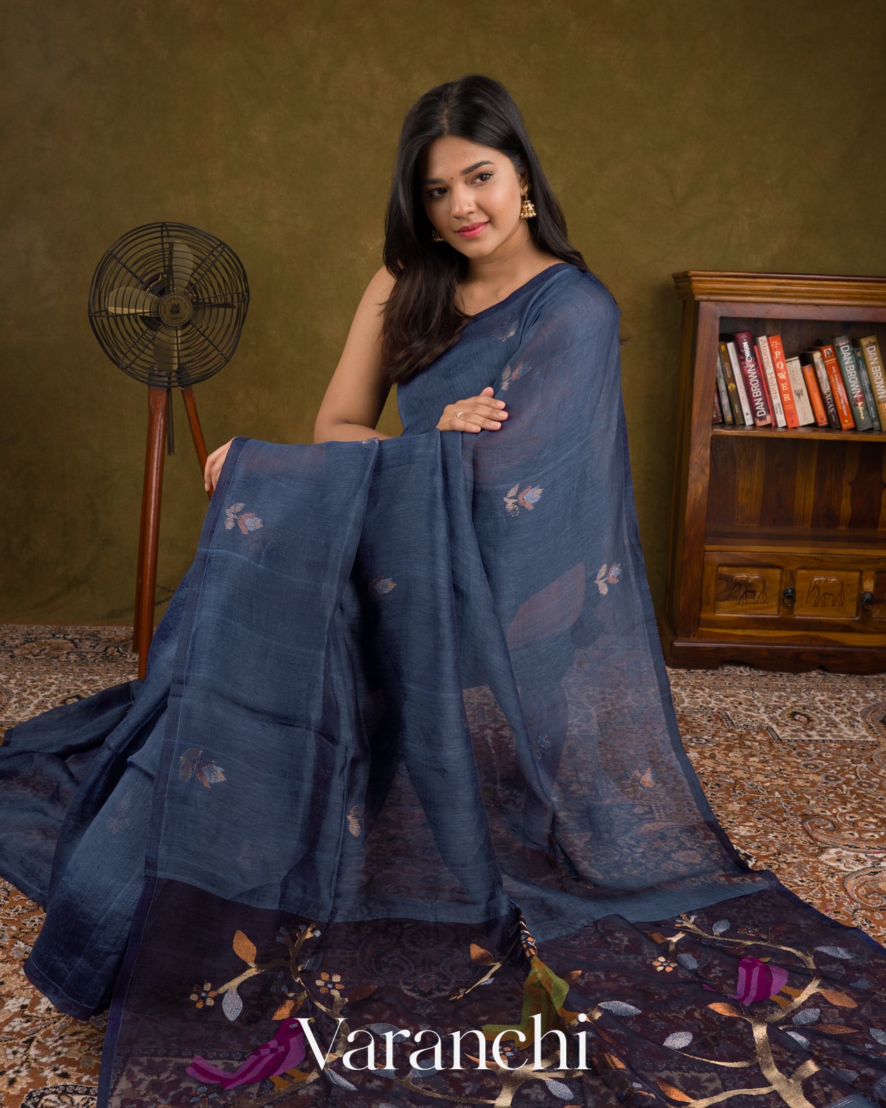 Indigo Blue Jamdani Pure Silk Linen Handloom Saree