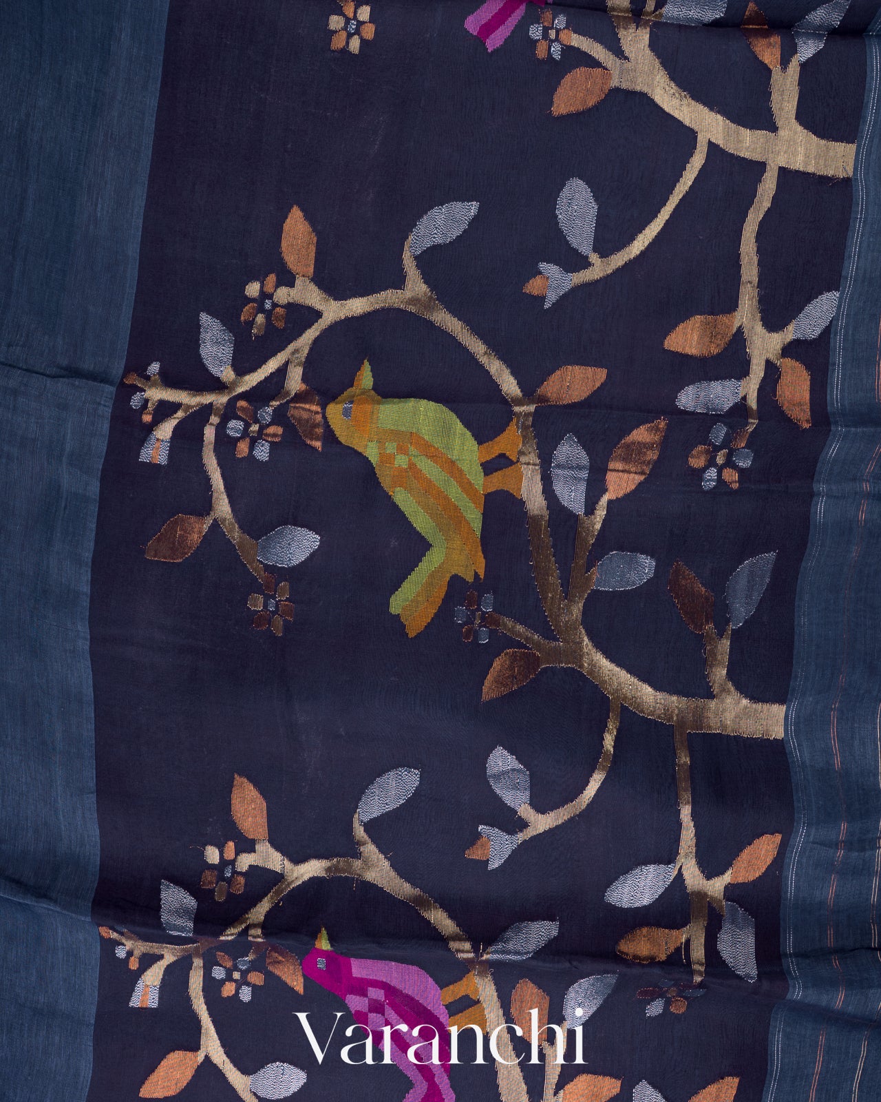 Indigo Blue Jamdani Pure Silk Linen Handloom Saree