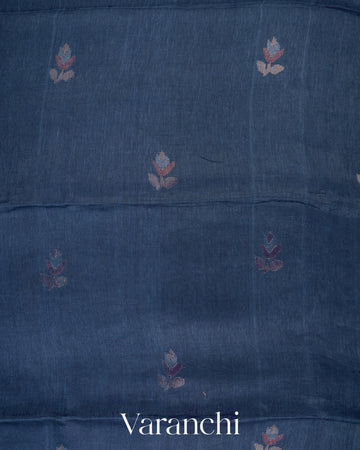 Indigo Blue Jamdani Pure Silk Linen Handloom Saree
