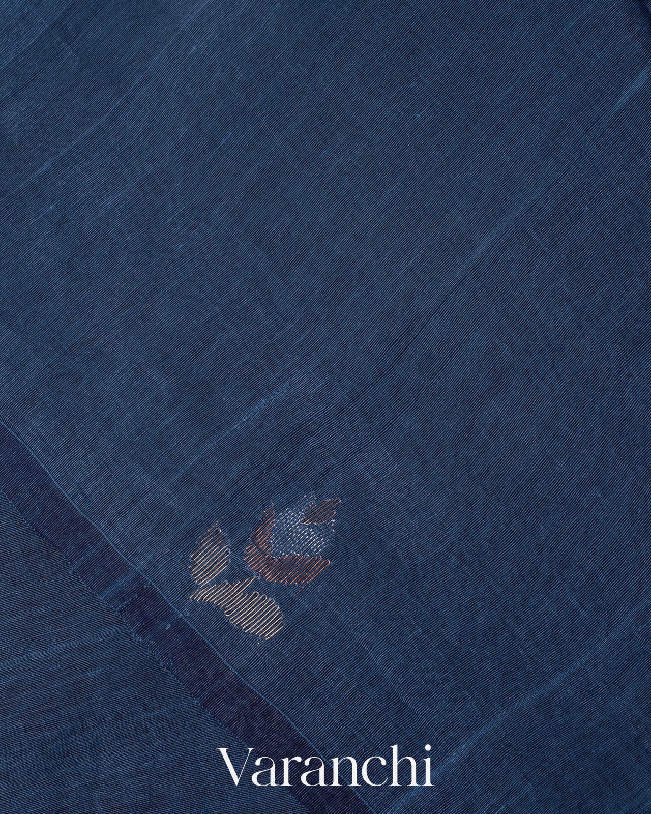 Indigo Blue Jamdani Pure Silk Linen Handloom Saree