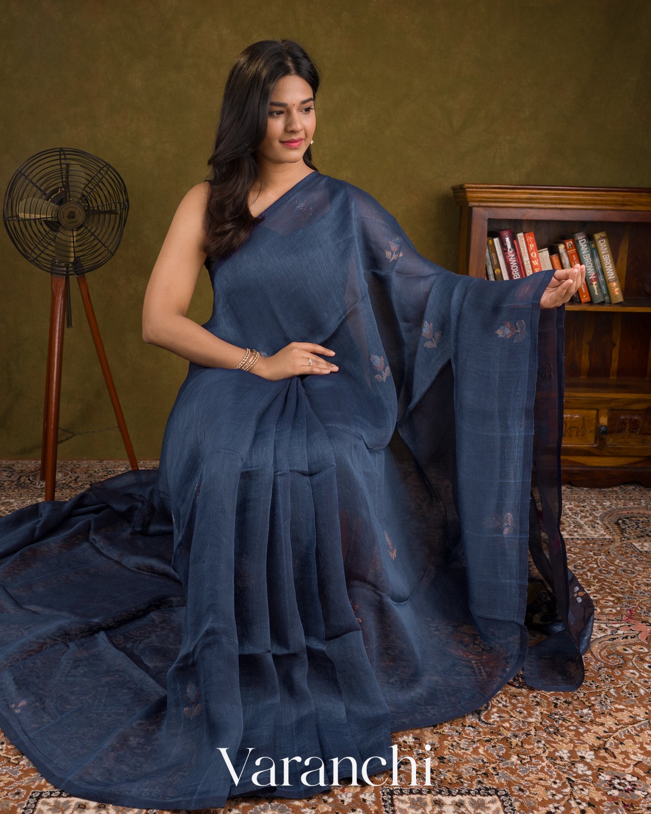 Indigo Blue Jamdani Pure Silk Linen Handloom Saree