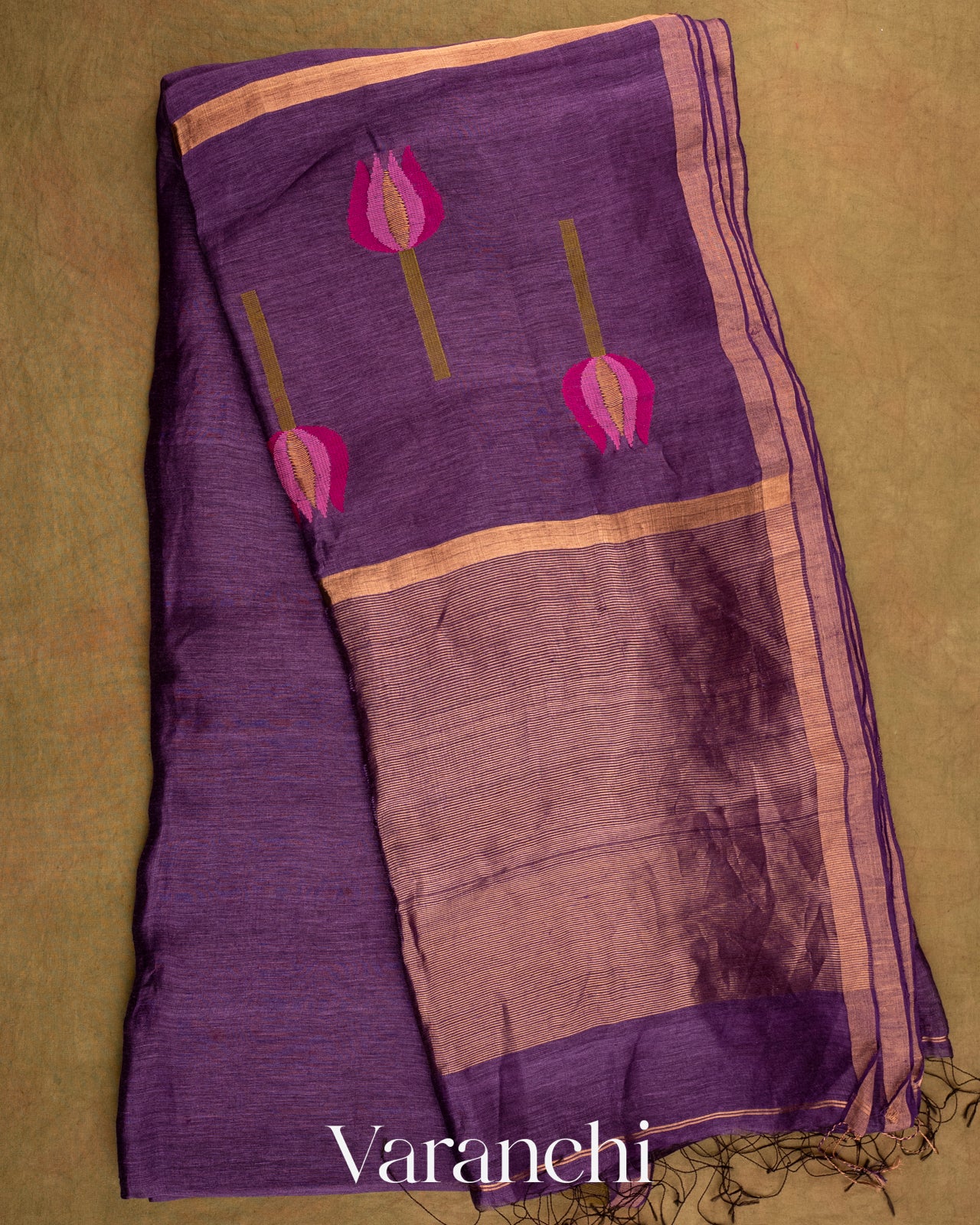 Jamun Purple Jamdani Pure Silk Linen Handloom Saree